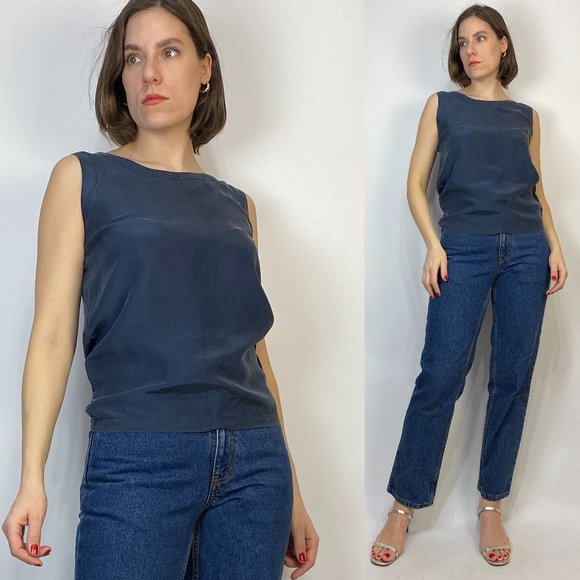 Vintage 90s SLATE GRAY SILK Top! XS to Small - Picture 1 of 7
